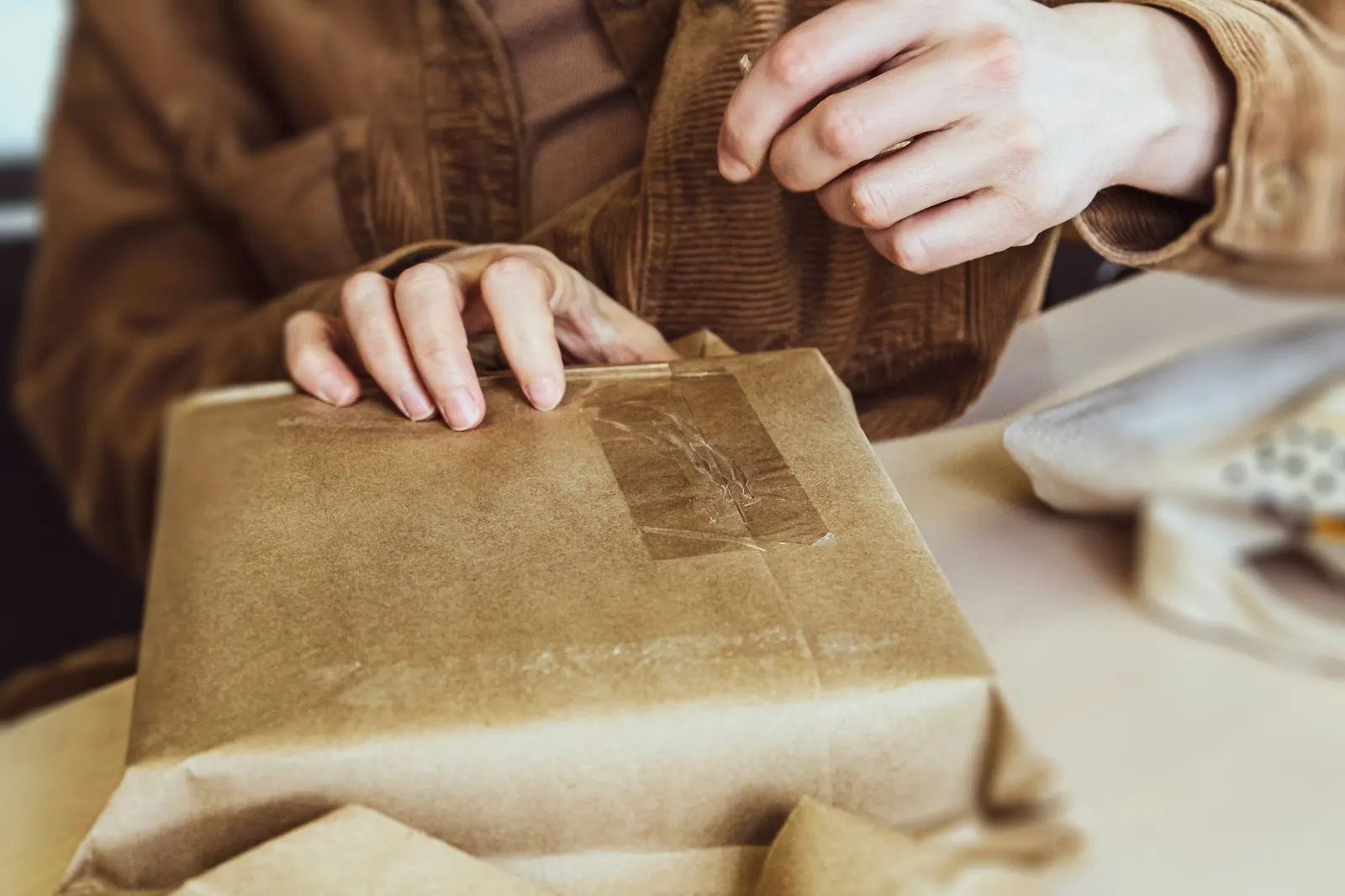 Ruke zamataju paket u smeđi papir na stolu